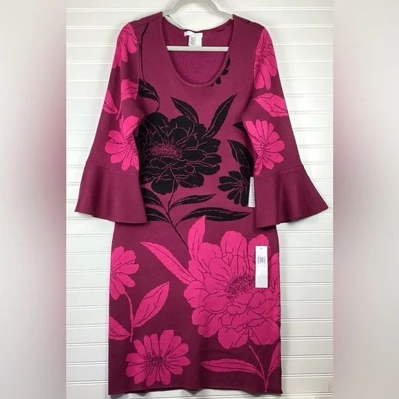 London Times NWT Women'sBell Sleeve Floral Print Sheath Sweater Dress Size XL